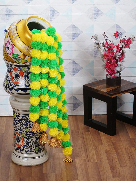 Dekorly Artificial Marigold Flowers Garland with Golden Bells For Indoor Outdoor