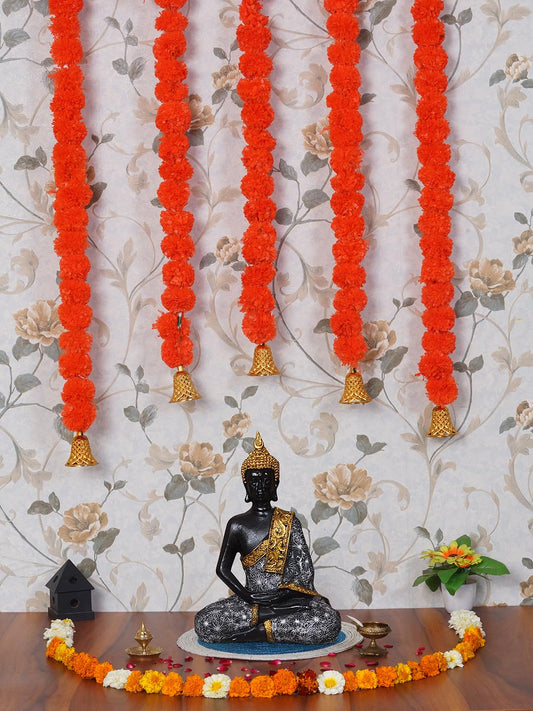 Dekorly Artificial Marigold Flowers Garland with Golden Bells For Indoor Outdoor