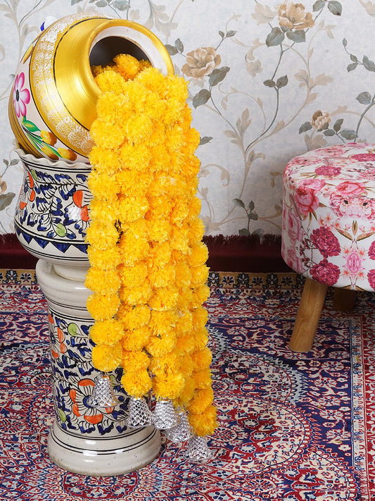 Dekorly Artificial Marigold Flowers Garland with Silver Bells for Home, Office