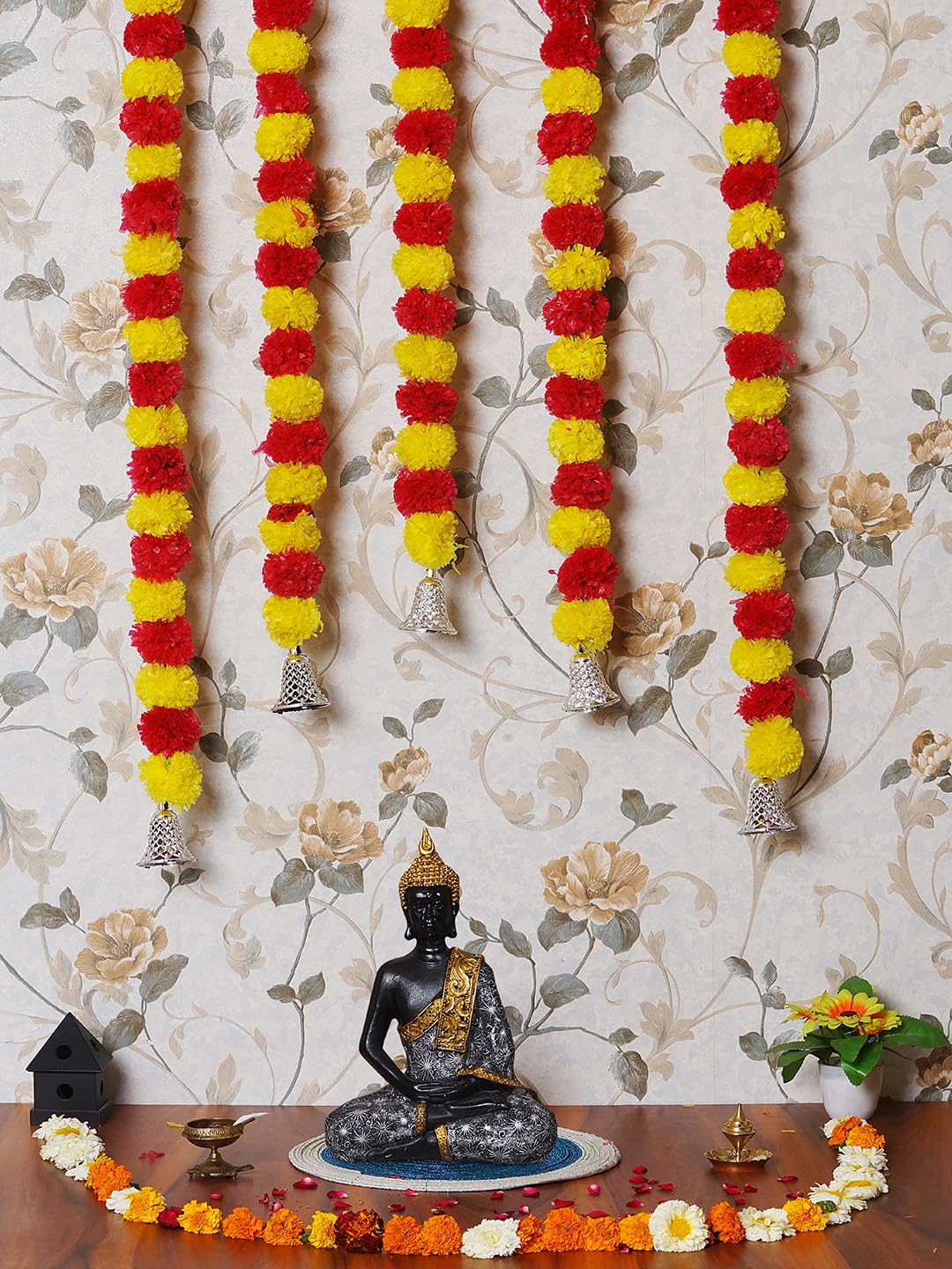 Dekorly Artificial Marigold Flowers Garland with Silver Bells for Home, Office